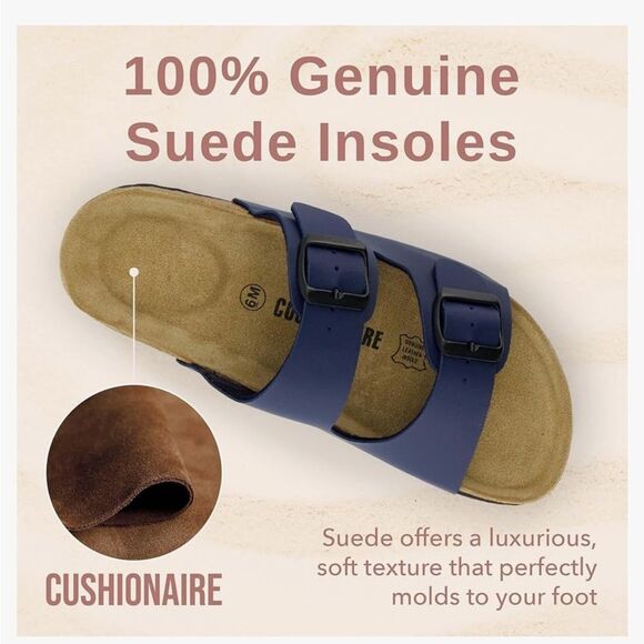 Cushionaire LANE Blue Nappa Leather Suede Pad Double Strap Slide Sandal - Picture 4 of 16